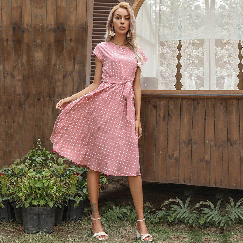 Robe Femme : Élégante robe mi-longue à pois et manches courtes de Fudus