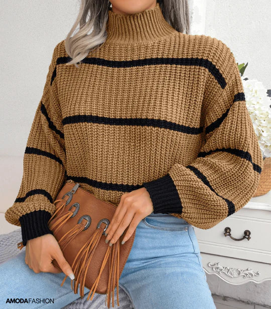 Berg-Feldt | Pullover - Damen Herbst Gemütlicher Rollkragen Gestreifter Pullover