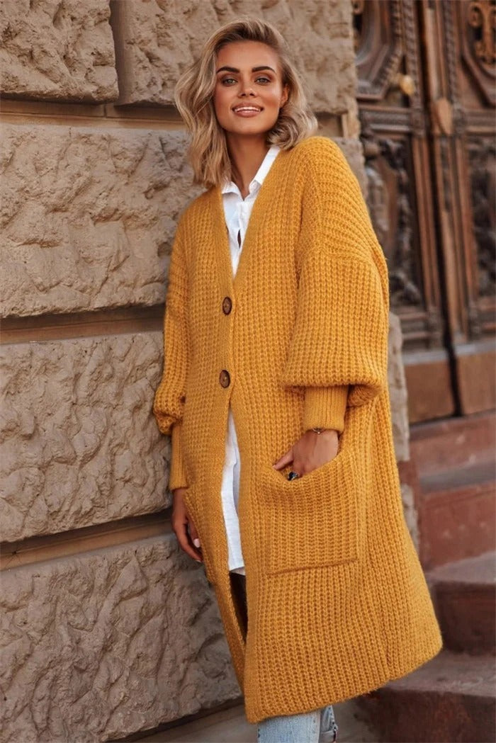 Berg-Feldt | Strickjacke - Oversized Fit - Wolle - Langes Modell - Knopfschluss - Taschen