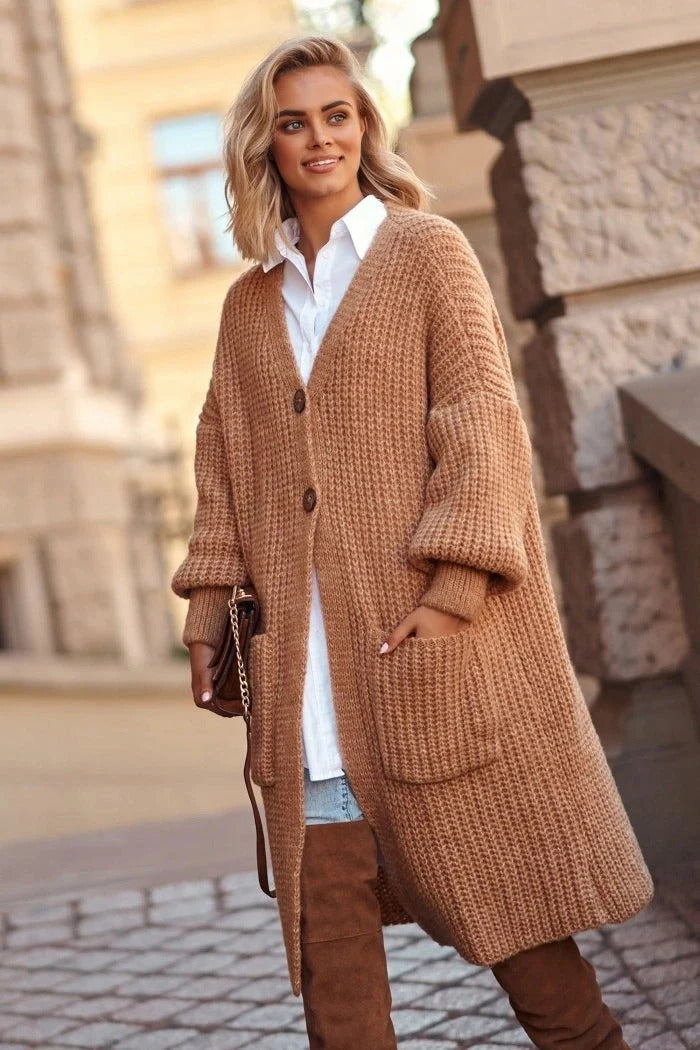 Berg-Feldt | Strickjacke - Oversized Fit - Wolle - Langes Modell - Knopfschluss - Taschen