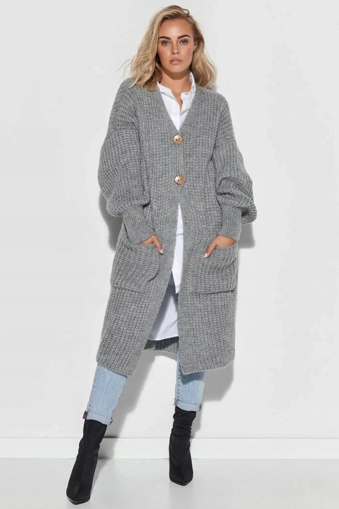 Berg-Feldt | Strickjacke - Oversized Fit - Wolle - Langes Modell - Knopfschluss - Taschen
