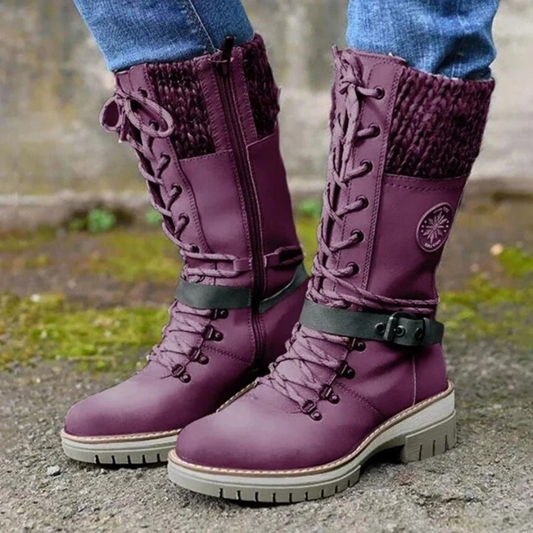 Berg-Feldt | Knielange Stiefel – Schnürung – Wollstrickbund – Seitenreißverschluss – Schnallenriemen