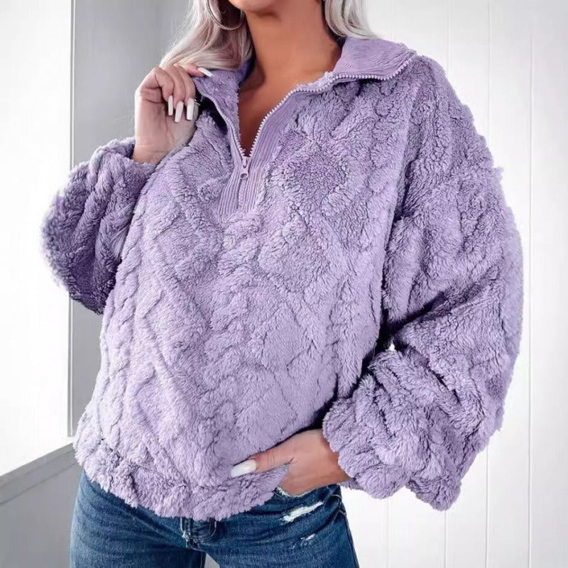 Berg-Feldt | Pullover Sweatshirt Plüsch Fleece Übergröße Fit Halber Reißverschluss Stehkragen