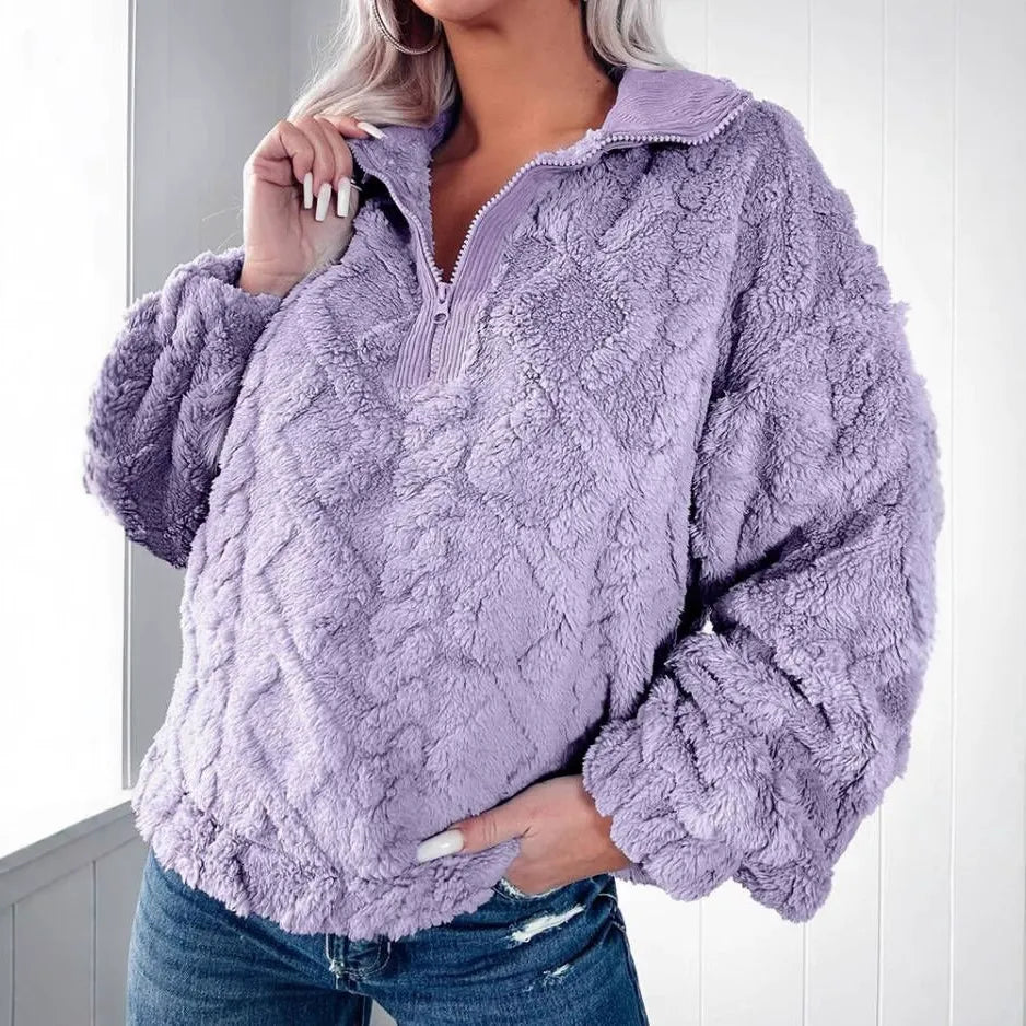 Berg-Feldt | Pullover Sweatshirt Kunstfell Lockere Passform Gepolstert Halber Reißverschluss Lange Ärmel
