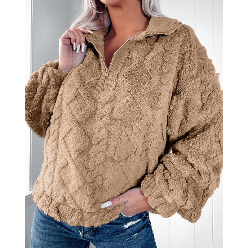 Berg-Feldt | Pullover Sweatshirt Plüsch Fleece Übergröße Fit Halber Reißverschluss Stehkragen
