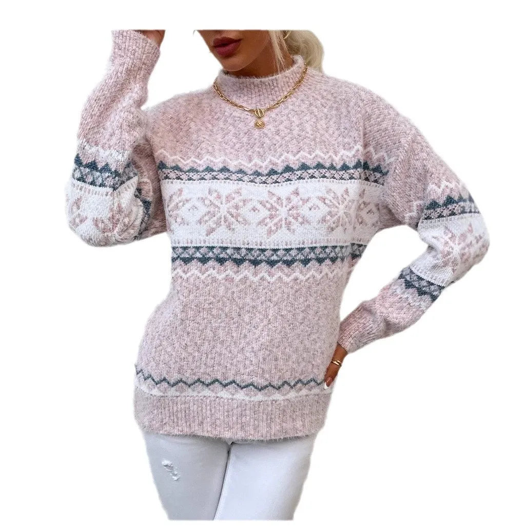 Berg-Feldt | Pullover Wollstrick Lässige Passform Schneeflockenmuster Hoher Kragen