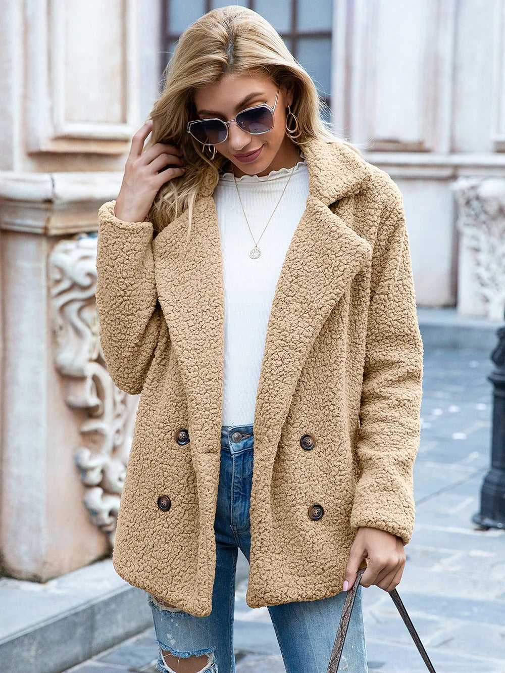 Berg-Feldt | Übergröße Teddy Mantel Lässiger Winter Knopfleiste