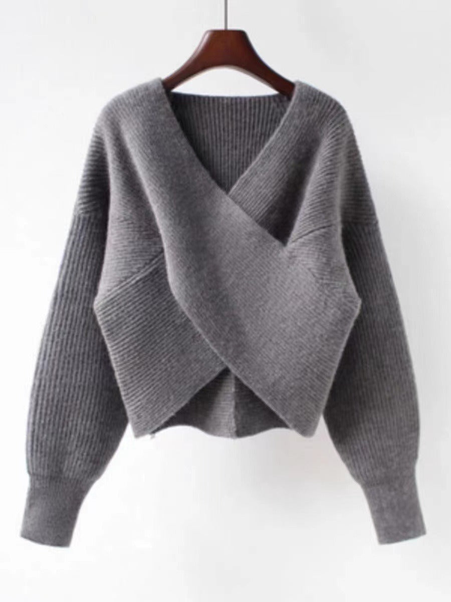 Berg-Feldt | Übergröße Sweatshirt Strickrib Textur V-Ausschnitt Ballonärmel