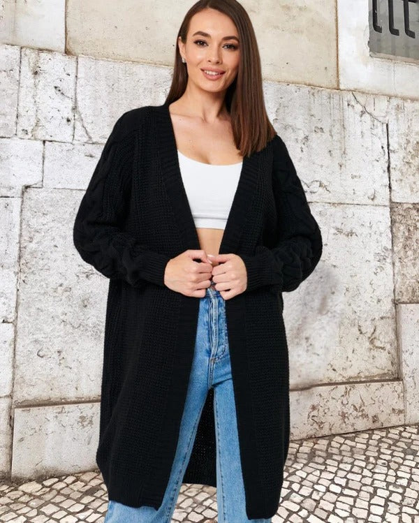 Berg-Feldt | Strickjacke - Wolle - Oversized Fit - Kabelärmel - Lange offene Front