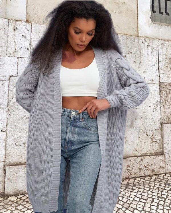 Berg-Feldt | Strickjacke - Wolle - Oversized Fit - Kabelärmel - Lange offene Front
