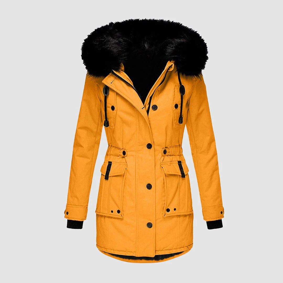 Berg-Feldt | Lange Jacke - Taillierte Passform - Kunstpelzkapuze - Taillengurt