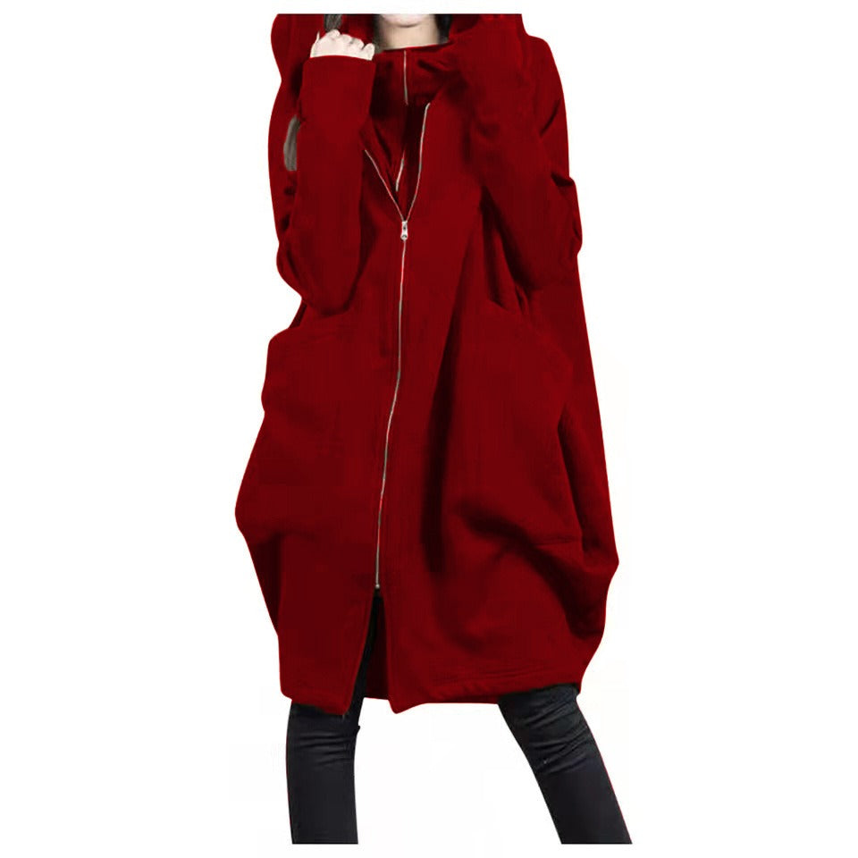 Berg-Feldt | Mittellanger Mantel - Oversized Fit - Kapuze - Reißverschluss - Weicher Woll-Look