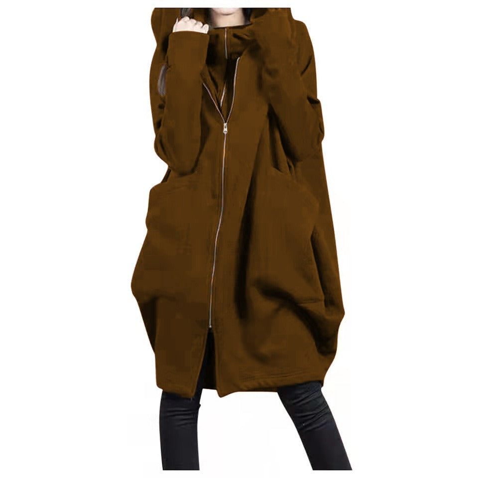 Berg-Feldt | Mittellanger Mantel - Oversized Fit - Kapuze - Reißverschluss - Weicher Woll-Look