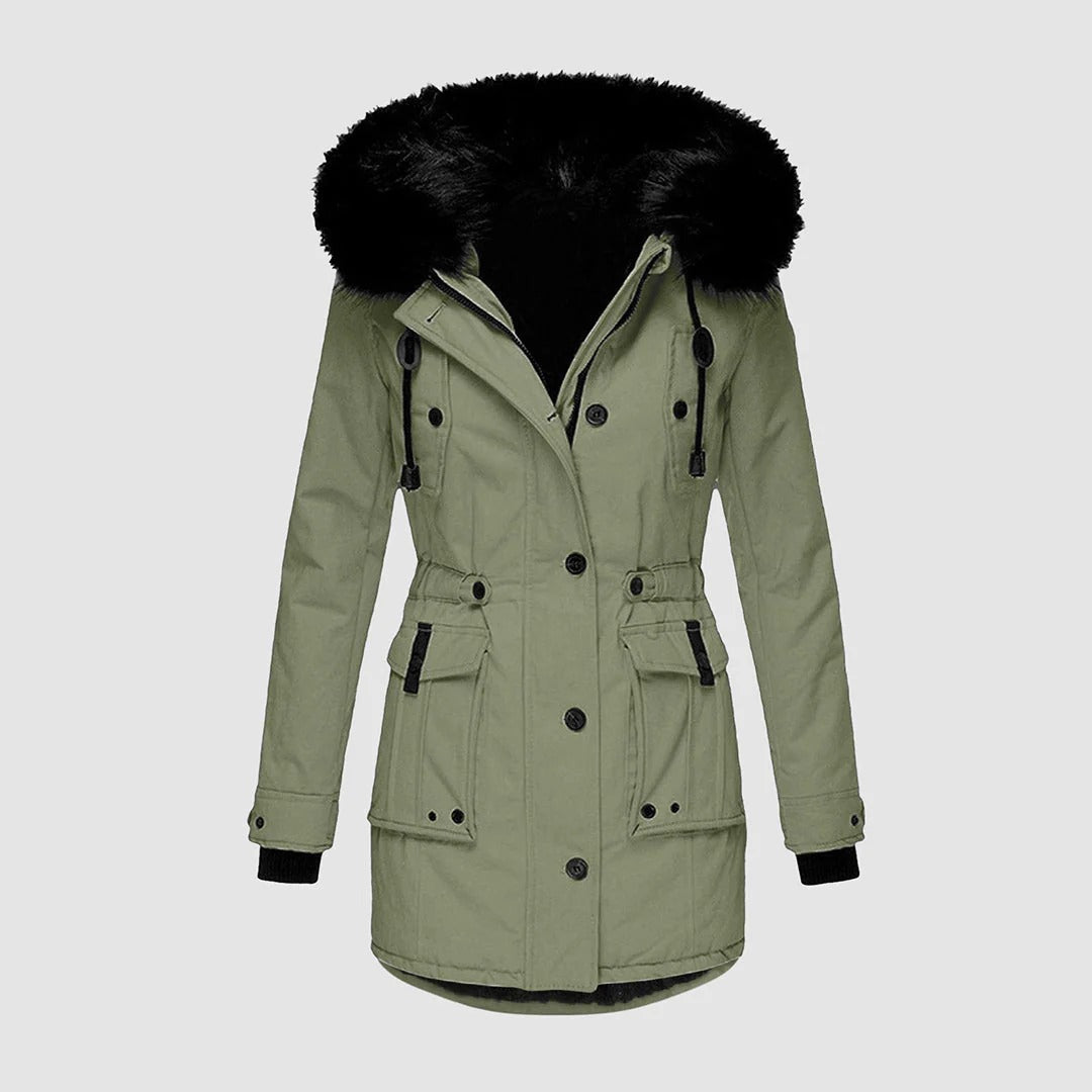 Berg-Feldt | Lange Jacke - Taillierte Passform - Kunstpelzkapuze - Taillengurt