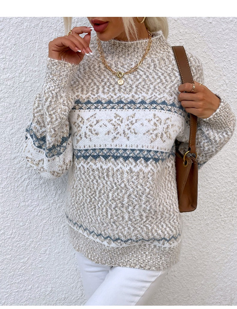 Berg-Feldt | Pullover Wollstrick Lässige Passform Schneeflockenmuster Hoher Kragen