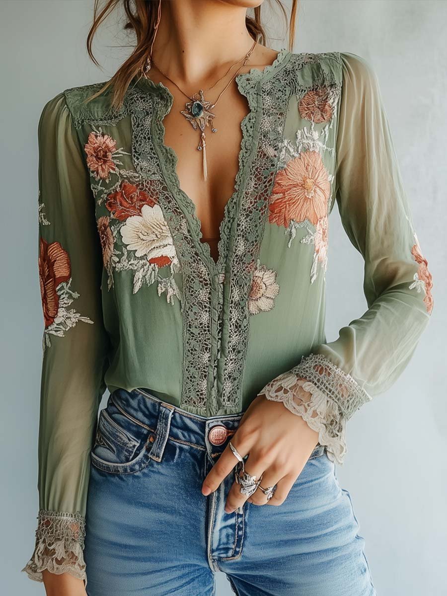 Berg-Feldt | Blouse bohème avec dentelle et motif floral
