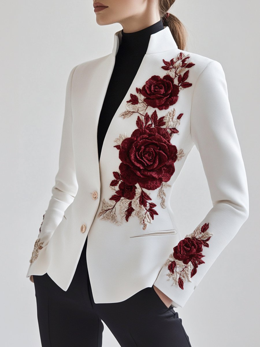 Berg-Feldt | Blazer blanc brodé de roses rouges
