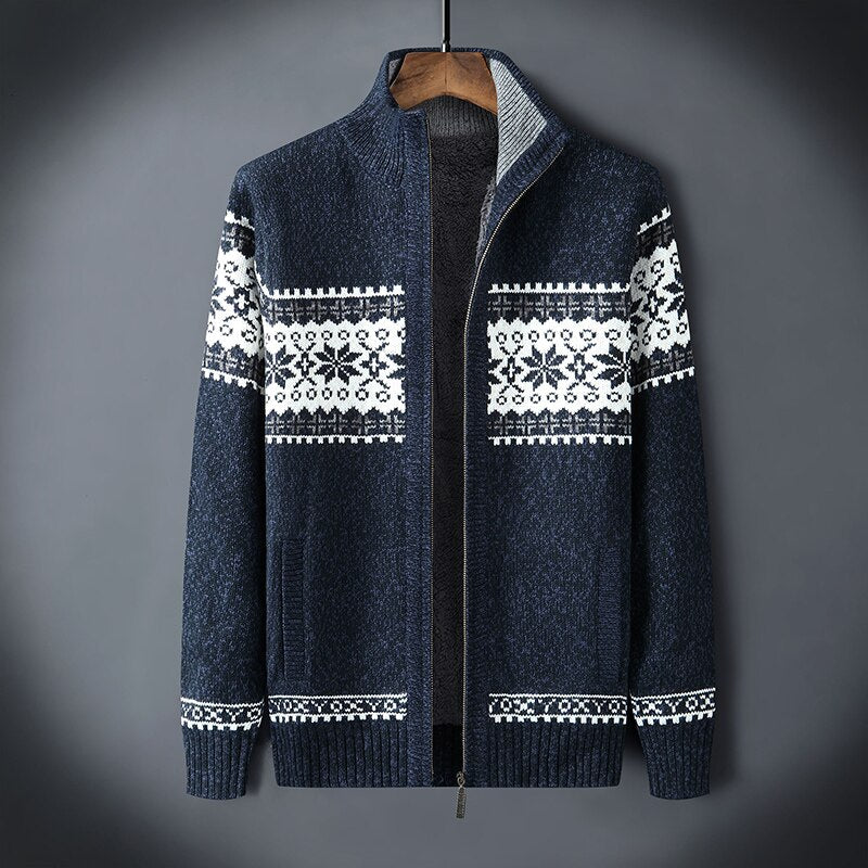 Veste à torsades pour homme avec fermeture éclair et motif flocon de neige