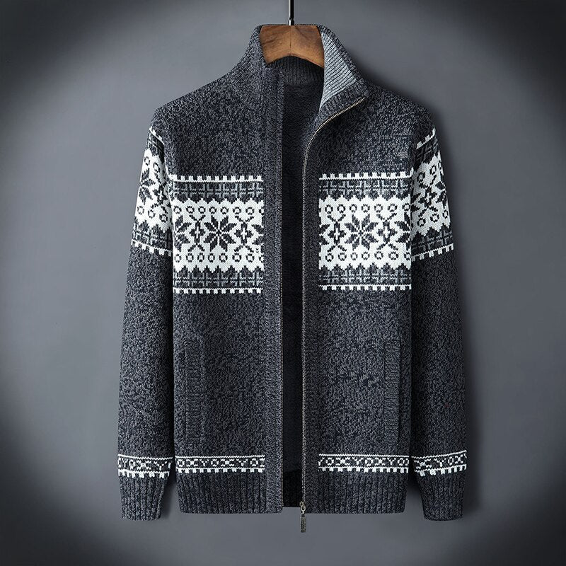 Veste à torsades pour homme avec fermeture éclair et motif flocon de neige