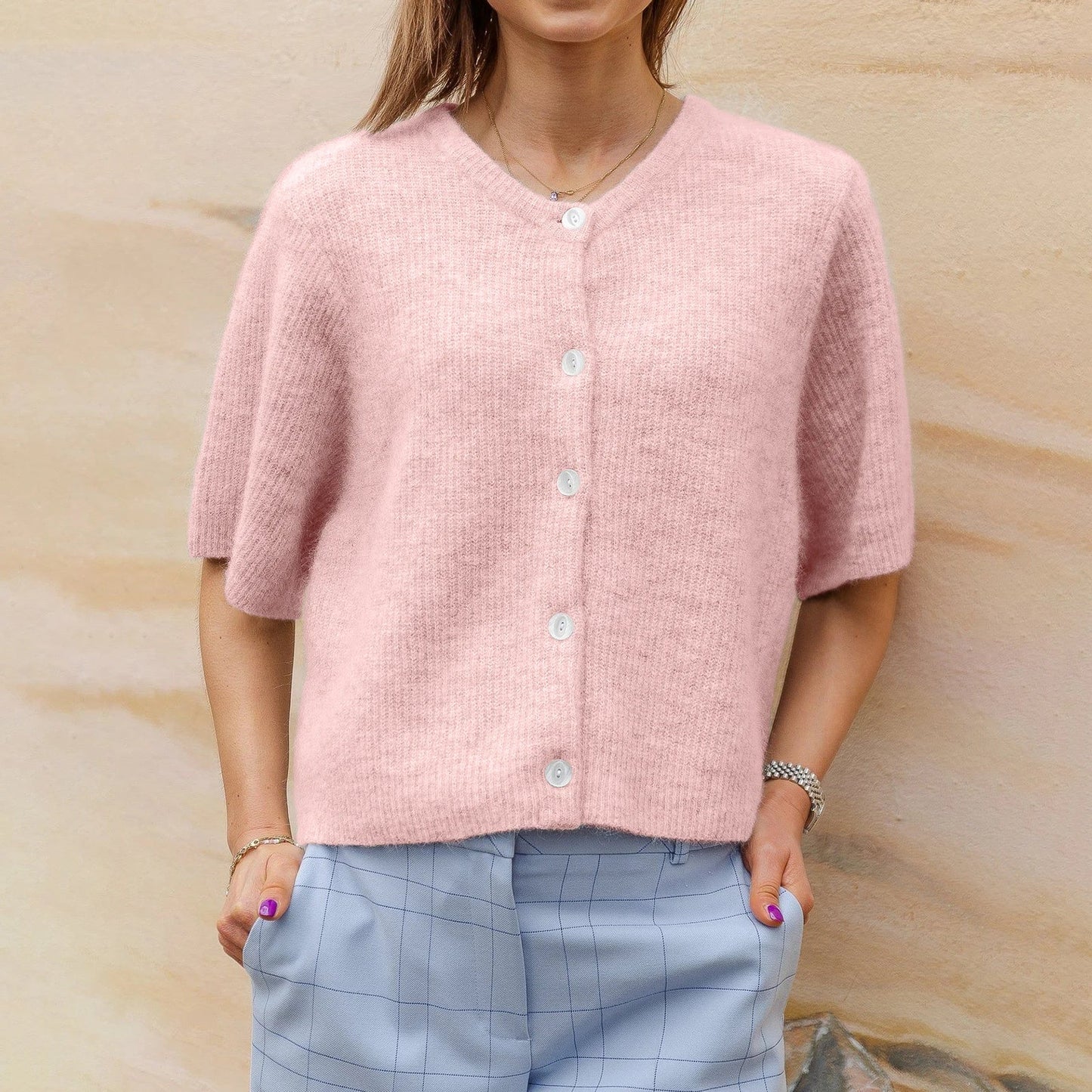Mael Cardigan ras du cou en maille à manches courtes, style streetwear