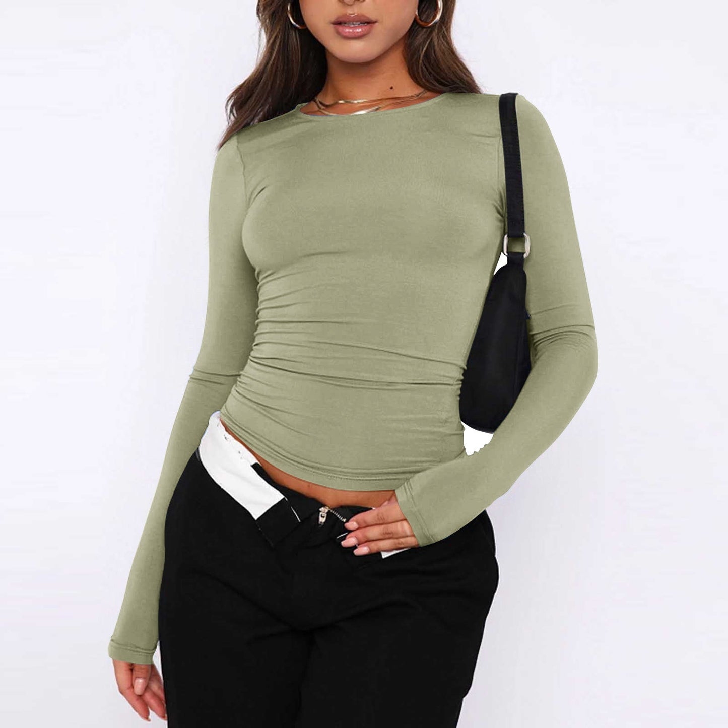T-shirt femme Benke, couleur unie, col rond, manches longues