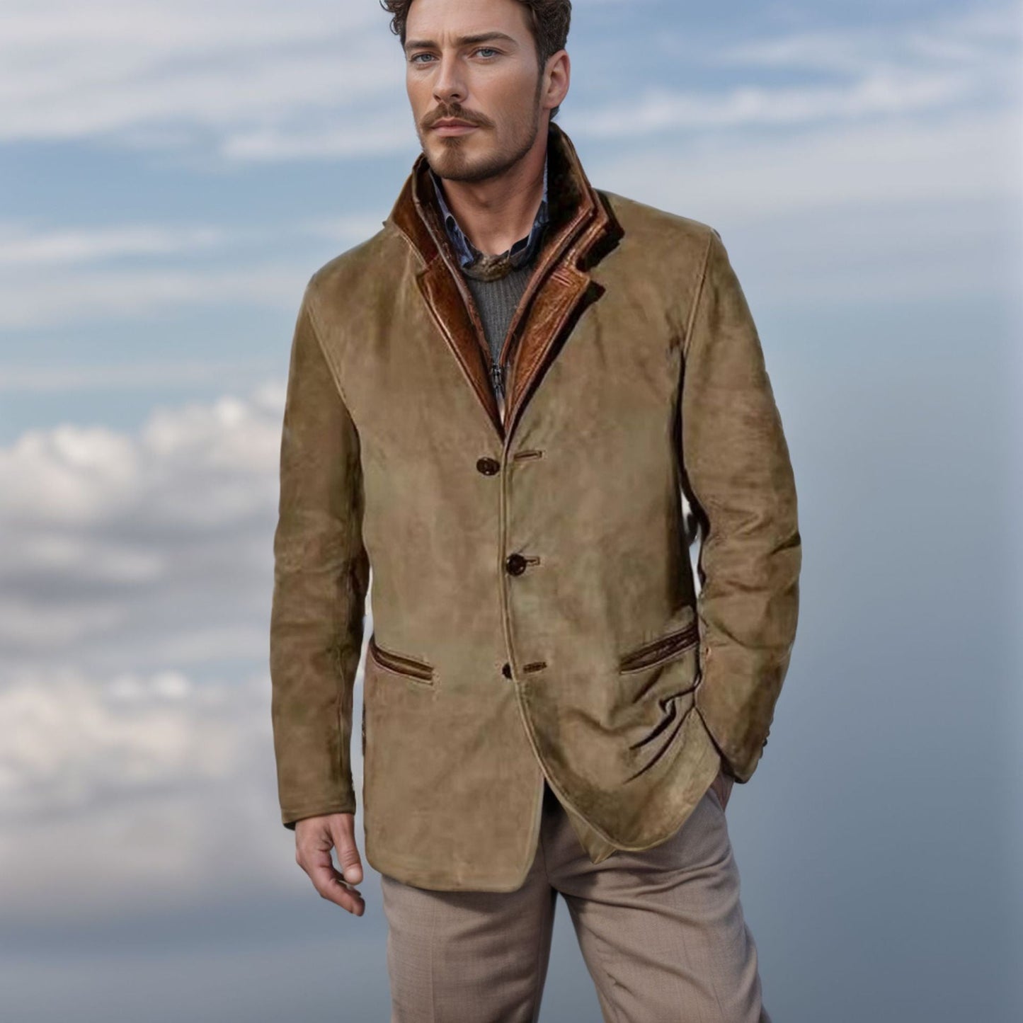 Berg-Feldt | Herren Wildlederjacke mit Lederbesatz - Reverskragen-Design