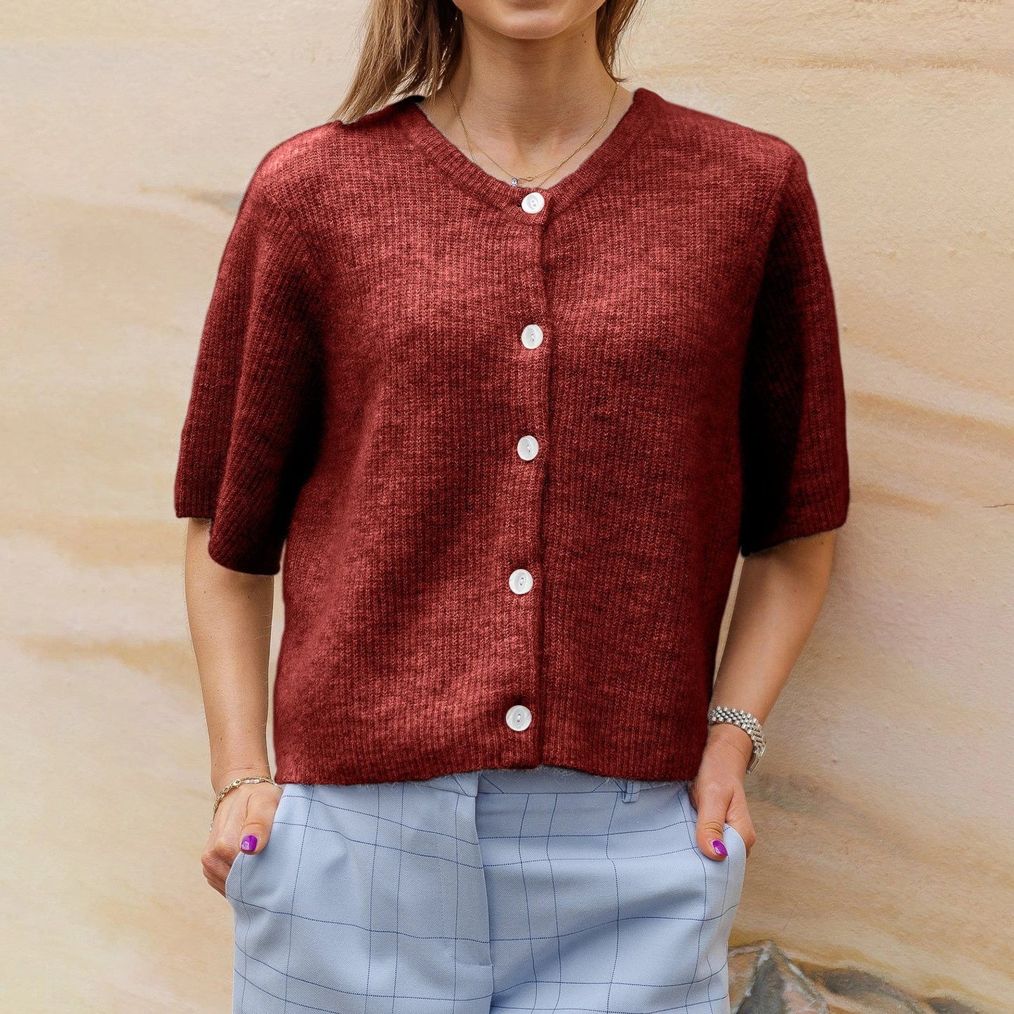 Mael Cardigan ras du cou en maille à manches courtes, style streetwear