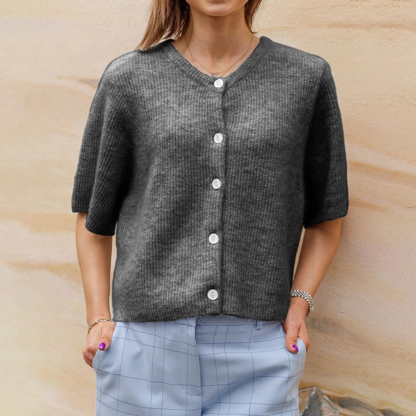 Mael Cardigan ras du cou en maille à manches courtes, style streetwear