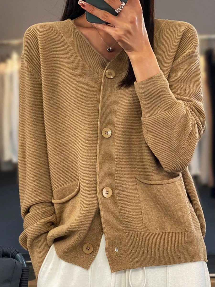 Berg-Feldt | Cardigan - Cardigan en tricot à col en V uni avec poches, simple et polyvalent