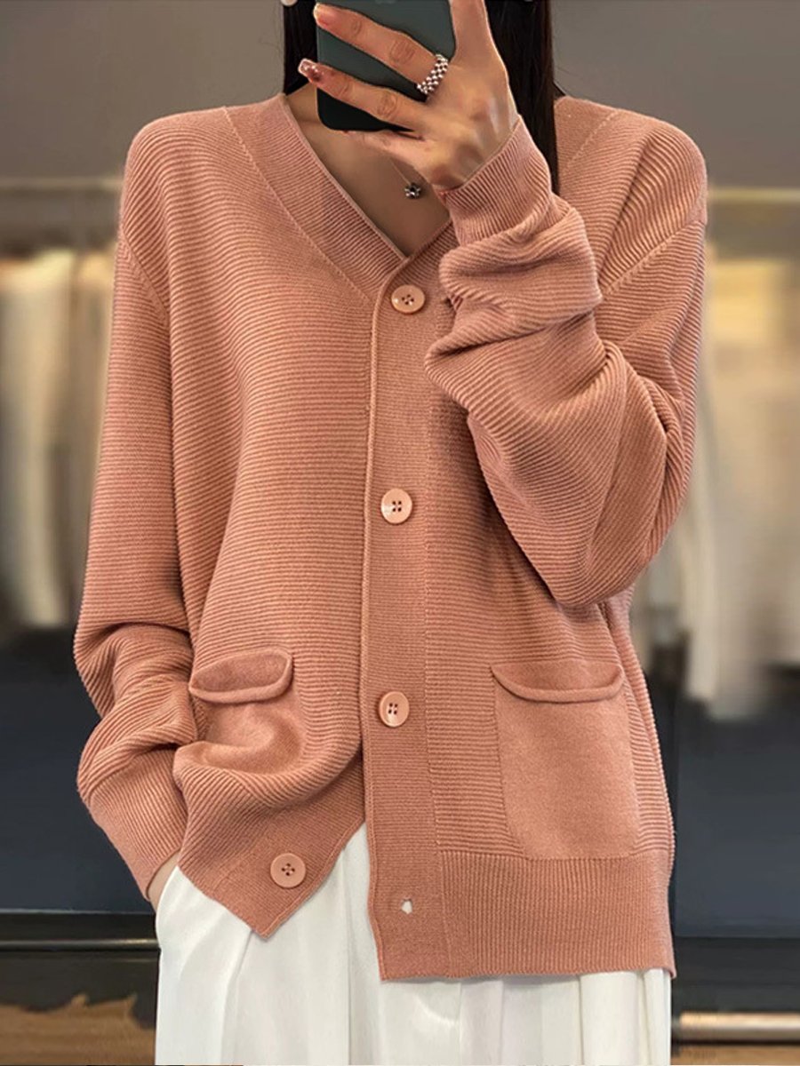 Berg-Feldt | Cardigan - Cardigan en tricot à col en V uni avec poches, simple et polyvalent
