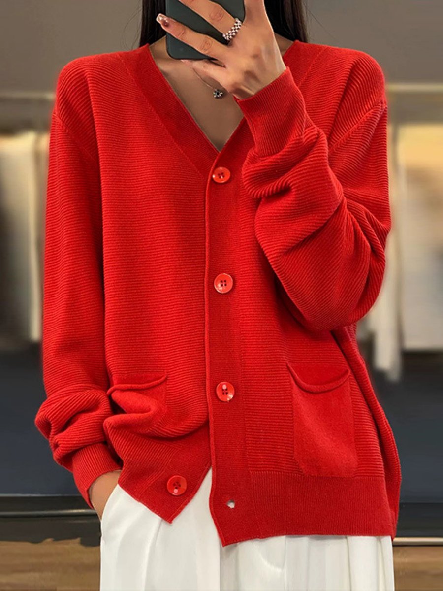 Berg-Feldt | Cardigan - Cardigan en tricot à col en V uni avec poches, simple et polyvalent