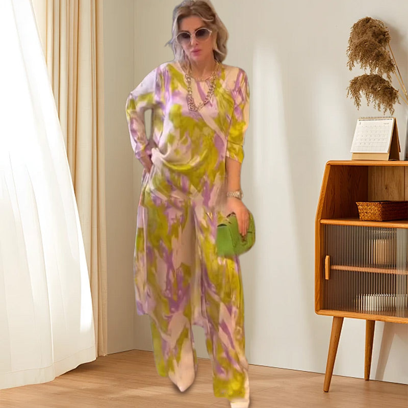 Clarisse-Set : Haut imprimé et dos long, pantalon ample