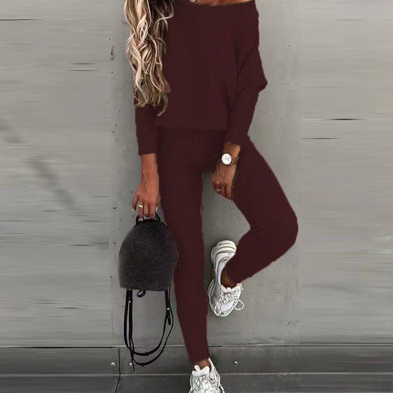 Ensemble Femme : Haut à Manches Longues Épaules Dénudées et Pantalon à Cordon de Serrage