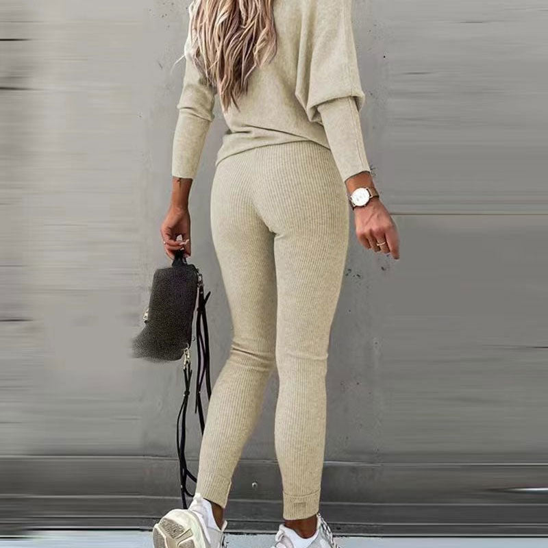 Ensemble Femme : Haut à Manches Longues Épaules Dénudées et Pantalon à Cordon de Serrage