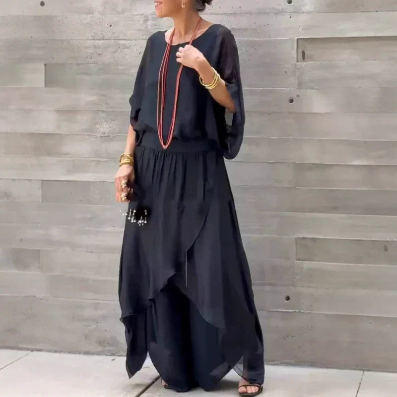NADIRA : Ensemble blouse asymétrique et pantalon