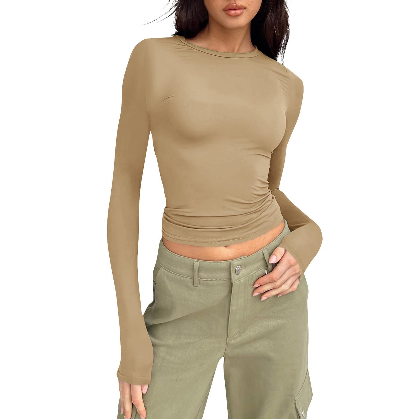 T-shirt femme Benke, couleur unie, col rond, manches longues