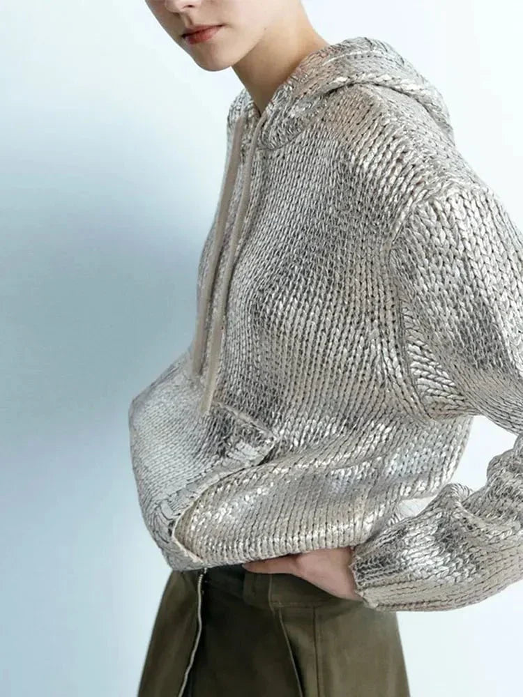 Berg-Feldt | Schicker Damen Kapuzenpullover mit Metallic Rippbesatz und Folie